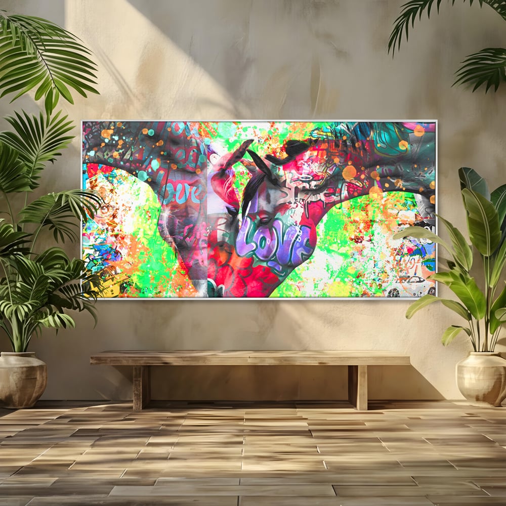 Tablou canvas cu tablou canvas cu doi cai si graffiti colorat, in rama de aluminiu argintiu